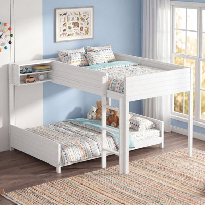 Full XL Over Full XL Wooden Bunk Bed with Built-in Storage Shelf & Ladder, with Slat Support, No Box Spring Needed, White