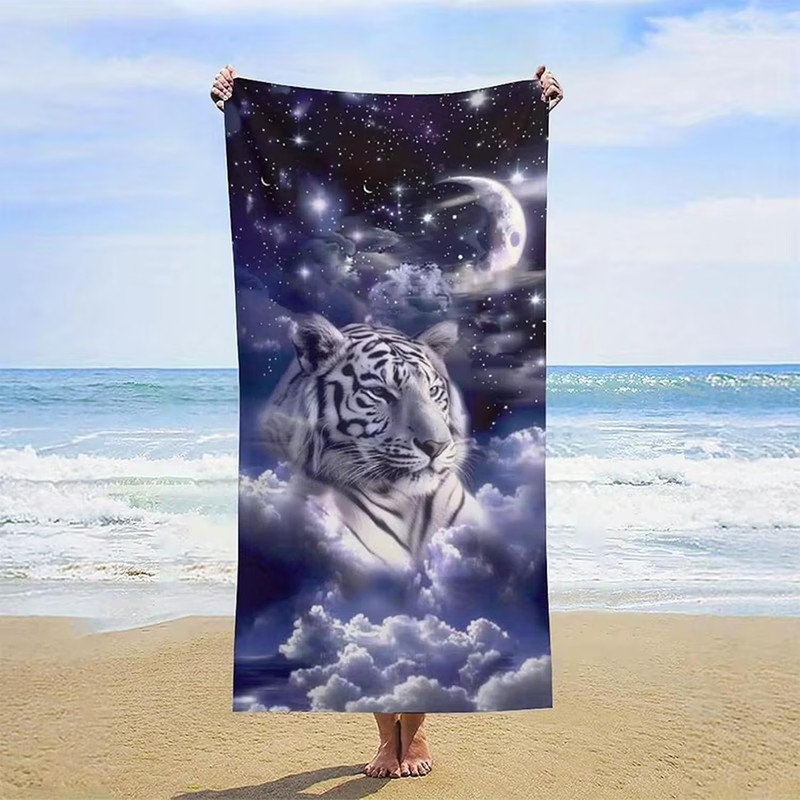 Serviette de plage à motif de tigre blanc étoilé, protection contre le vent, adaptée à la piscine, camping, couverture de voyage, 50 * 60 pouces