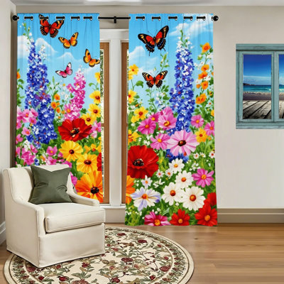 2Pcs Floral Butterfly Blackout Curtains, Vivid Flower Meadow Window Drapes, Room Darkening Panels for Living Room Bedroom Decor, Easter Decorations Home,