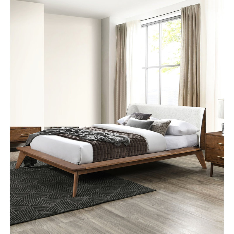 Très grande chambre à coucher de 3 pièces de style très moderne Mid-Century, bois massif noyer, tissu Boucle, 2 tables de chevet avec finition, style, revêtement beige