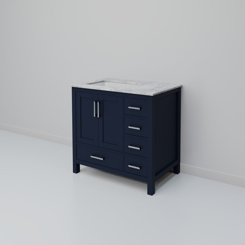 Jacques 36 in. W x 22 in. D Left Offset Bath Vanity and Top, Navy Blue, White Carrara Marble