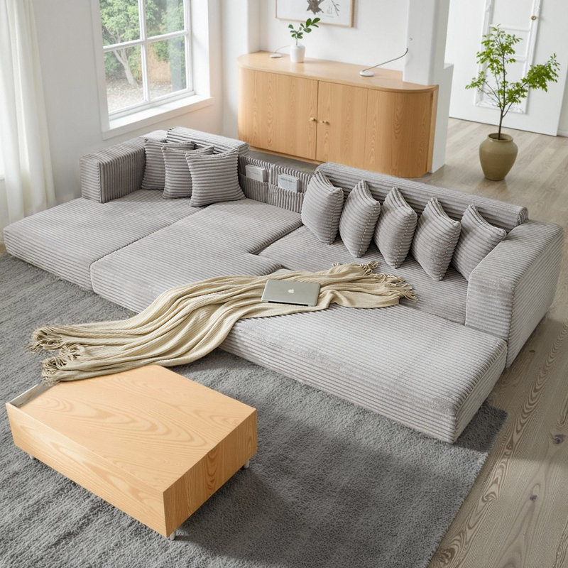Oversize Cloud Couch L-Shape Sectional Sofa - Convertible Floor Sleeper Sofa Bed with 8 Pillows, No Assembly Required, 3-in-1 Right Facing Design, Ultra Soft Corduroy Upholstery (4 Seat Capacity)