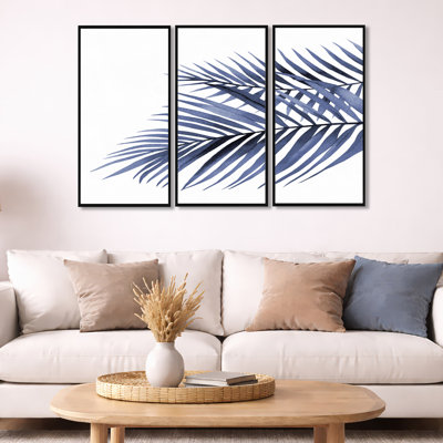 "Blue Palm Leaves", branches tropicales abstraites, peinture sur toile flottante 3 pièces