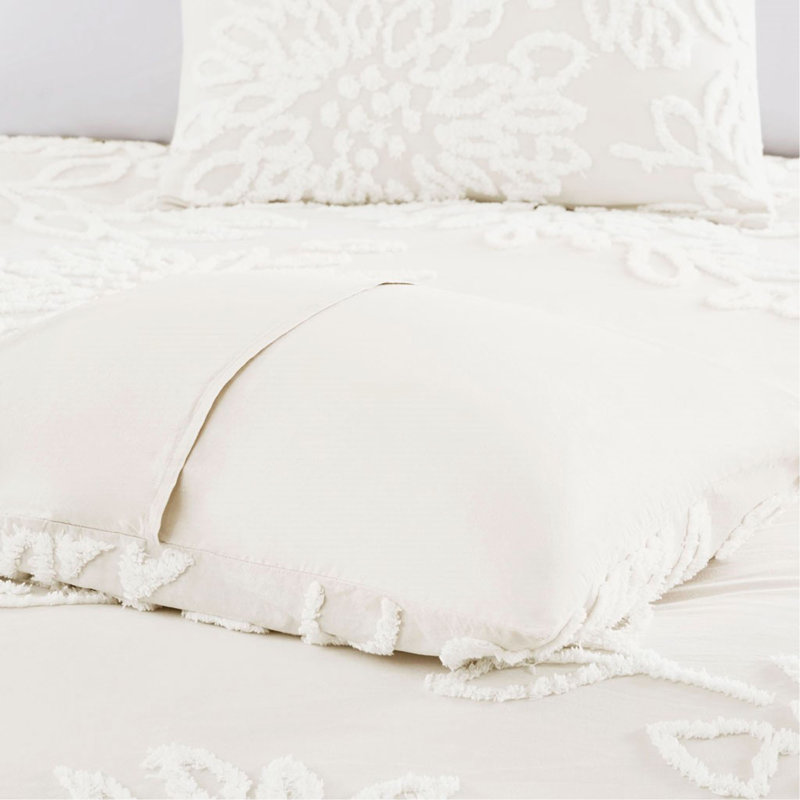 Ensemble de housse de couette à motif floral en chenille capitonnée 3 pièces pour lit double / grand, Blanc cassé