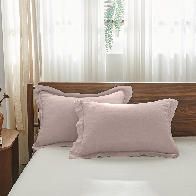Lot de 2 taies d'oreiller 100 % lin français, format Queen, couleur unie, fermeture à rabat (51 x 66 cm, rose poudré)