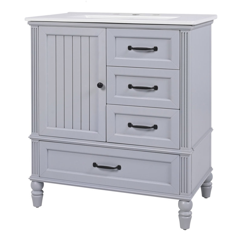 Bathroom Vanity With Sink, Bathroom Cabinet With Door & Drawers, Solid Wood Legs & Mdf Board, Adiustable Foot Pads, Grey