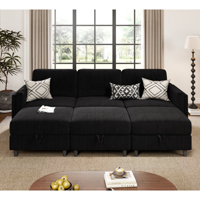 84 Inch Sectional Couch, Convertible 6 Seat Sofa Bed with Storage, Modular Sectional Sofa for Living Room, Bedroom, Removable Cover(Without Cushions), Black