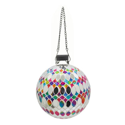  Mosaic Glass Gazing Globe with Hanging Chain, Bling Multi-Shape Tile, 10in