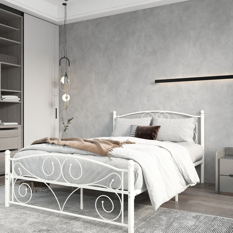 Full Size Bed Frame In White Metal, Unique Flower System, Fits 8 - Inch Mattress, No Box Spring Required Metal Frame, Noise , Easy To Put Together