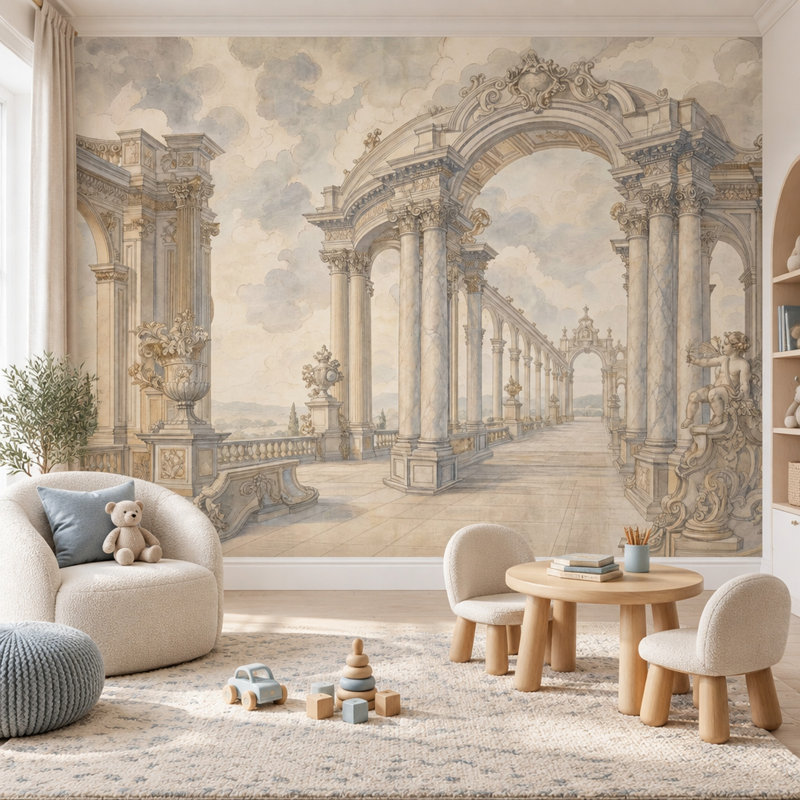 Papier peint mural représentant une terrasse de palais classique avec un ciel nuageux, 200"x120", Textured Non-Pasted