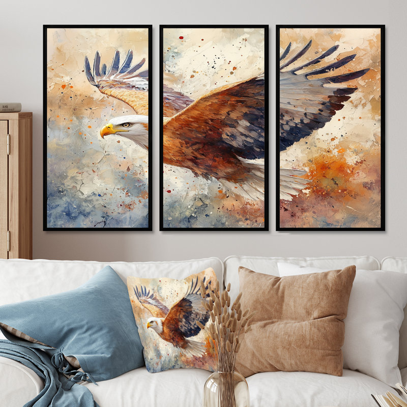 Brun, jaune, audacieux, aigle, vol d'oiseau, H 28 po x l 36 po x P 1 po, Toile avec cadre flottant noir