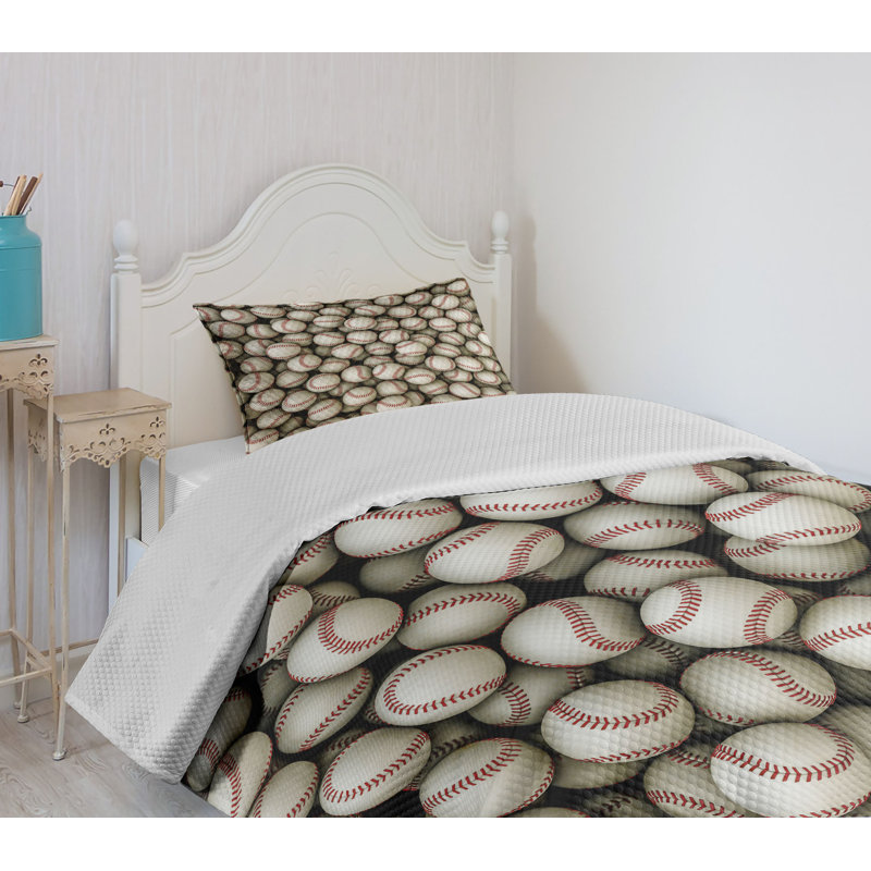 Twin White Polyester Baseball Print Bedspread Set