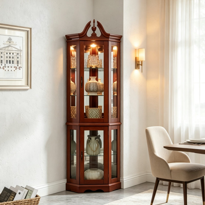 Solid Wood  Corner Curio Cabinet With Adjustable Glass Shelves & Mirrored Back, Traditional Display Storage For Living Room & Bedroom