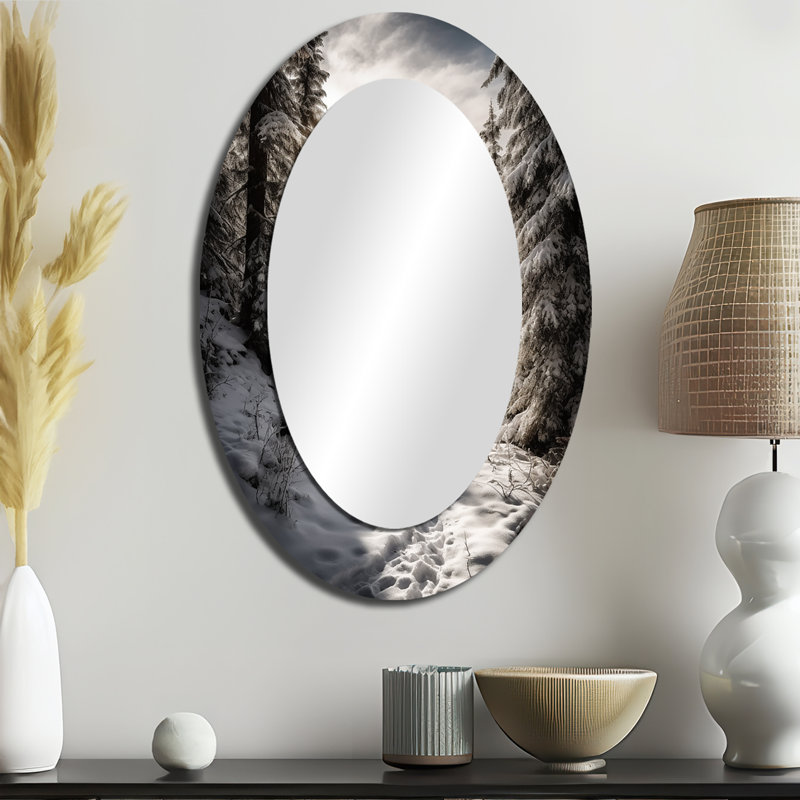 Miroir décoratif en métal Frosty Snow Forest Path II - Paysages, 36 po x 24 po