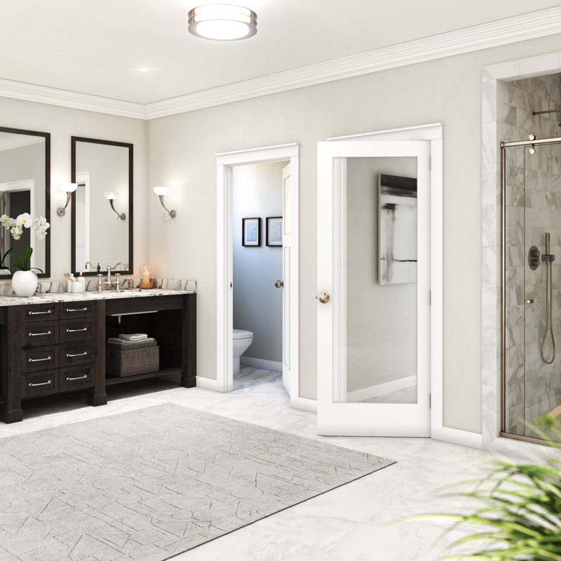 Primed White Solid Core Pine Wood Slab Door with Clear Glass