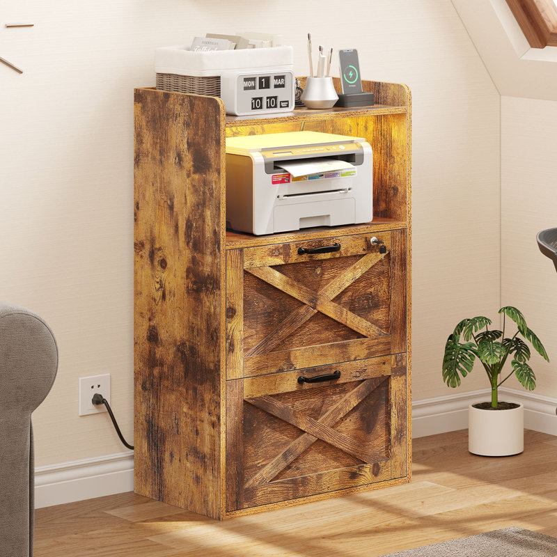 Jabar 25.6"W 2 Drawer File Cabinet With Charging Station, Filing Cabinet With Lighting & Open Storage Shelf, Brown