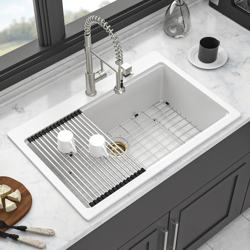 Quartz Kitchen Sink - White Granite Composite Workstation Drop-In Kitchen Sink
