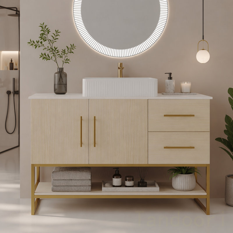 Meuble-lavabo moderne avec lavabo vasque en céramique, armoire autoportante dorée, Oak
