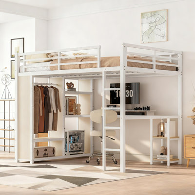 Metal Loft Bed Frame With Built-in Wardrobe,desk And Storage Shelves, For Kids Teens Adults