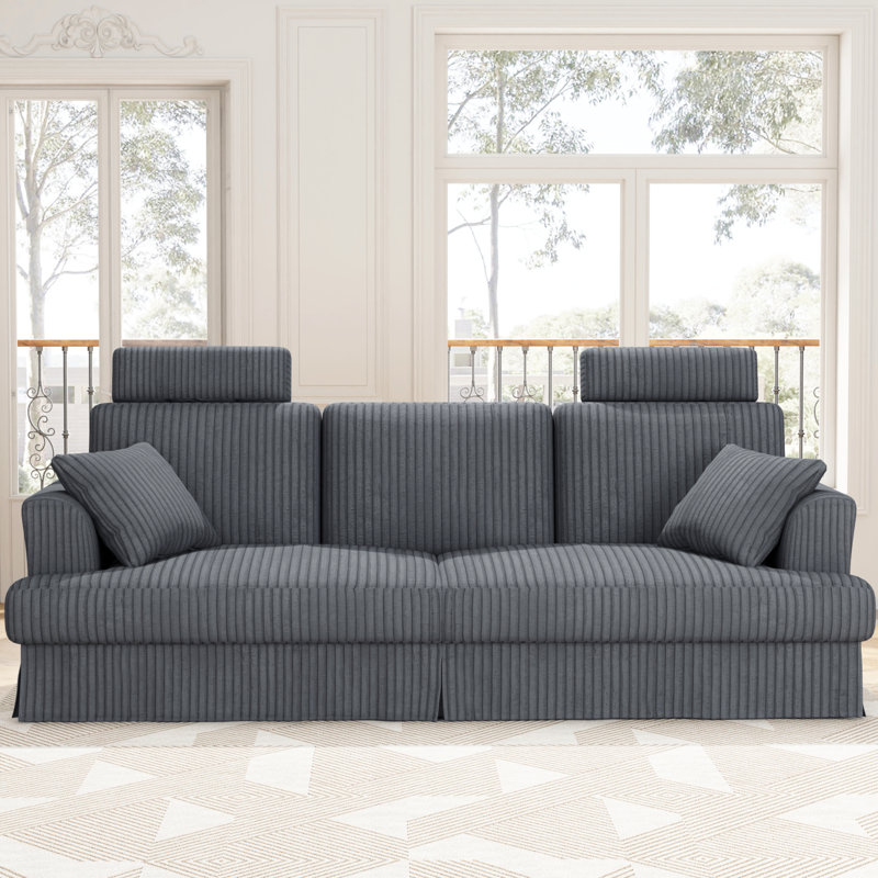 Modern 222cm Corduroy Recessed Arms Sofa With Removable Headrest, Grey