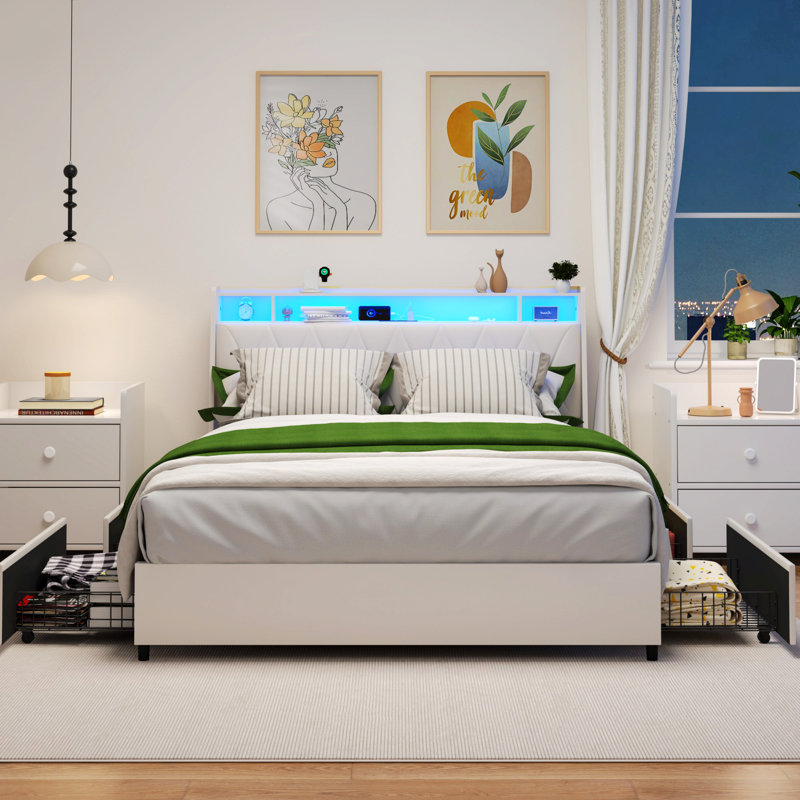 Cadre de lit en métal avec tablette de rangement et lumière DEL, cadre de lit plateforme avec prises et chargeur, Blanc