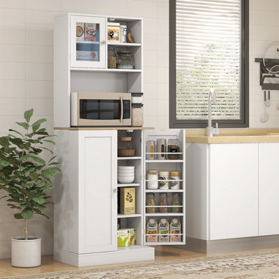 HOMCOM 66.5" Pantry Cabinet With Microwave Stand, Freestanding Kitchen Storage Cabinet With Hutch, 8 Door Shelves, Adjustable Shelves, Food Pantry Cabinet For Dining Room, White