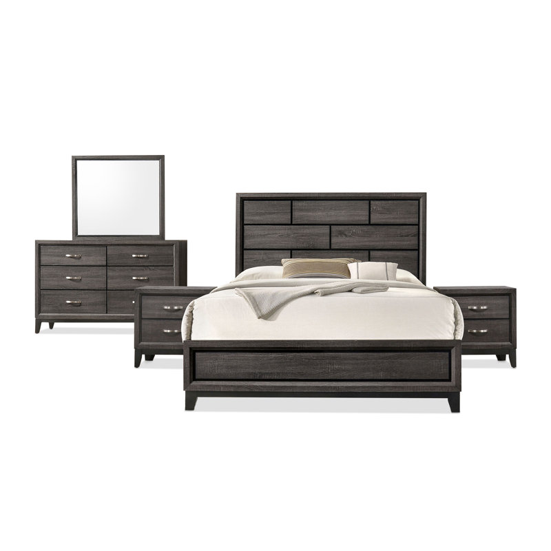Ferris Beeson 5-Piece Bedroom Set, Grand lit, Noir/gris, Cinq pièces : Lit, 2 tables de chevet, commode, m