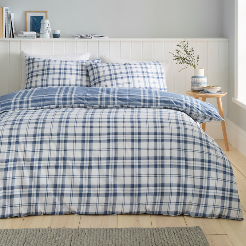 Kelso Check Reversible Duvet Cover Set, Kingsize Duvet Cover + 2 Standard Pillowcases, Blue