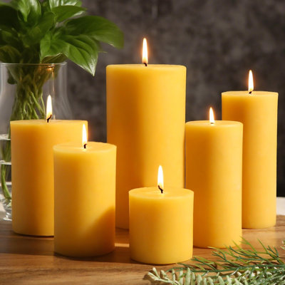 Ensemble de 6 bougies colonne en cire d'abeille 100% fabriquées à la main, 6 tailles assorties, non parfumées avec un arôme de miel en vrac, pour la relaxation, la relaxation et la purification de l'air