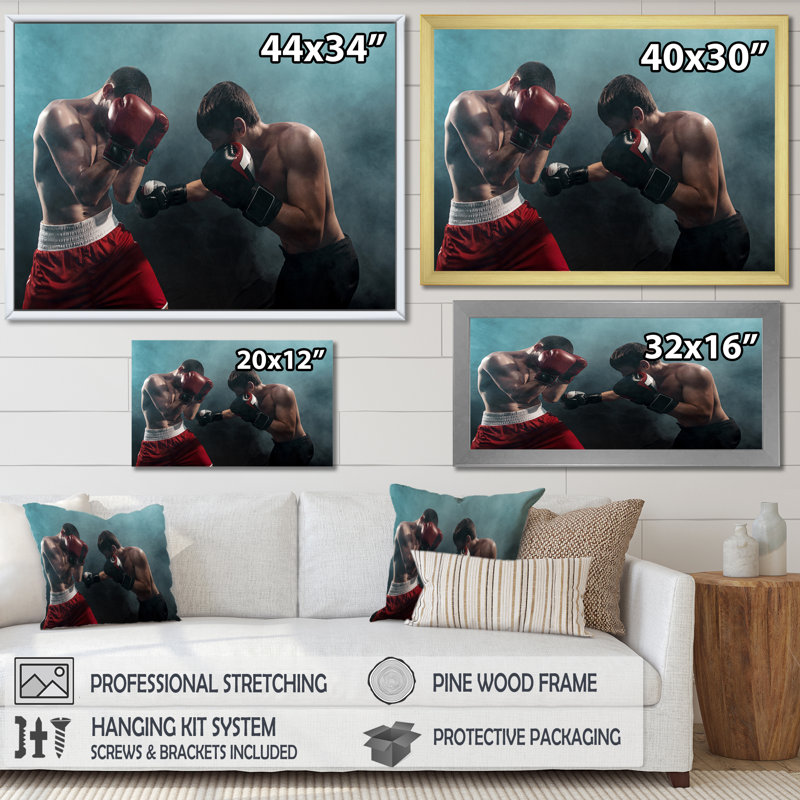 Deux boxeurs professionnels sur toile, Cadre simple noir, H 12 po x l 20 po x P 1 po