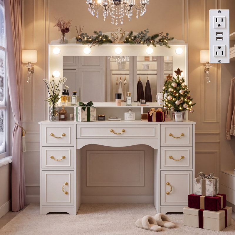 Large Makeup Vanity Desk With 3-color Lighting Mirror and 5 Drawers, Wood French Country Modern Farmhouse White Dressing Table With Charging Station, Makeup bedroom Vanity with Storage Cabinet, White