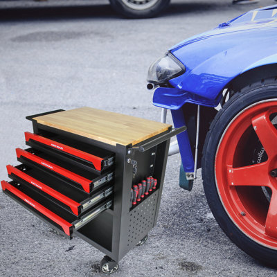 Chariot à outils multifonctionnel à 4 tiroirs avec roulettes et plateau en bois
