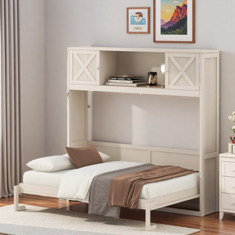 Lit escamotable avec 2 armoires de rangement et tablette ouverte Murphy, Beige