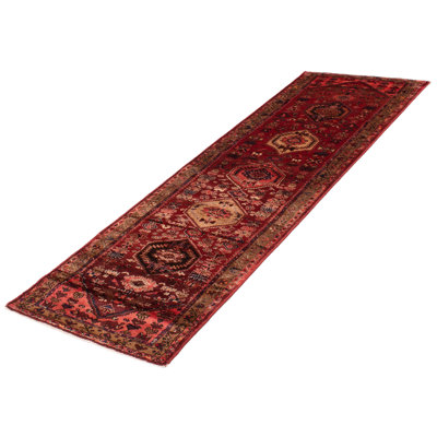 Tapis de couloir unique en laine noué à la main de style années 2000 de 3 pi 4 po x 10 pi 2 po Angelicque en rouge / brun / beige
