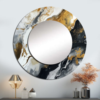 Sanav doré noir veines de couleur I - grand miroir mural abstrait, miroir unique moderne, art imprimé en métal