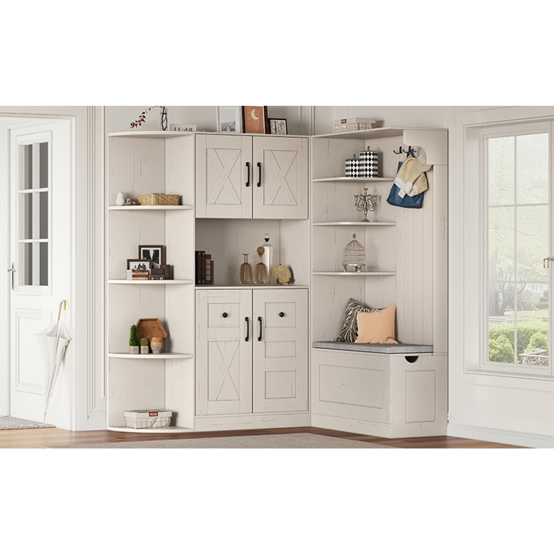 Multifunctional left-right combination hall cabinet (can be used separately) with storage and 4 hooks, storage cabinet/ hall tree 2 in 1 for living room, kitchen and hallway