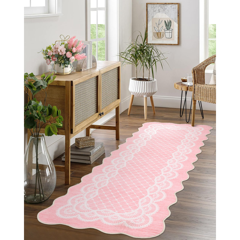 Machine Washable Scalloped Area Rugs Modern Bordered Floor Mats, Non-Slip Contemporary Accent Rug, Non Shedding Soft Low Pile Indoor Carpet for Living Room, Bedroom, Kitchen
