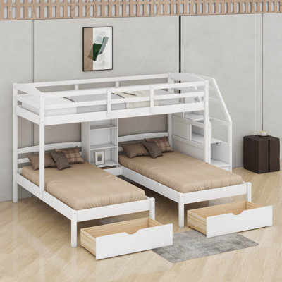 Twin Over Twin&Twin Bunk Bed,Wood Triple Bunk Bed With Drawers And Storage Staircase