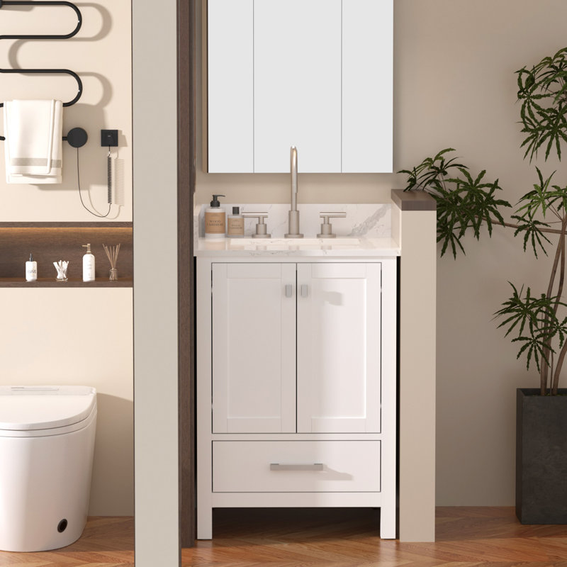 Ensemble de meuble-lavabo en bois massif 24 po avec comptoir en pierre de quartz et dosseret, White, Brushed Nickel