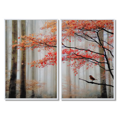 «Autumn Forest Morning Dew In Quebec - Forest», reproduction d'art sur toile, nature rouge, 2 pièces