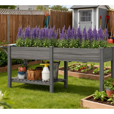Lit de jardin surélevé spacieux, boîte de jardin surélevée en bois, avec table d'appoint, tablette inférieure, doublures de lit et trous de drainage