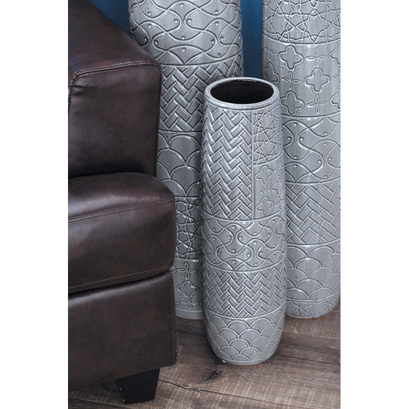 Ceramic Slim Engraved Patterned Decorative Gray Vase, 16" H x 5" W x 5" D