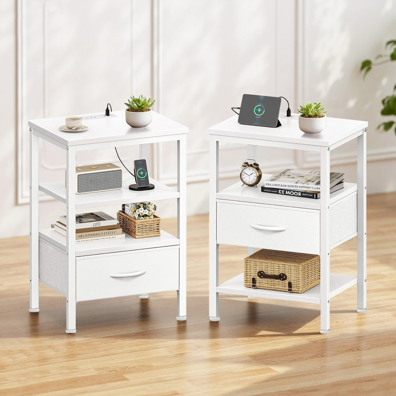 Iysiss Nightstand with Charging Station and USB Ports, End Table with Fabric Drawer, Shelf, Side Table for Living Room, Bedroom