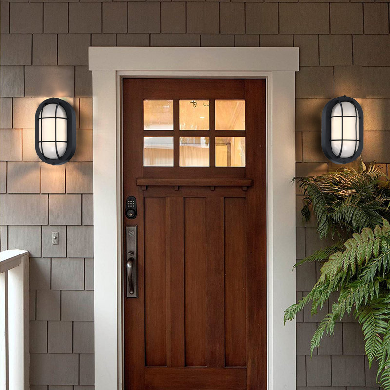 2 Pack Matte Black Industrial LED Outdoor  Wall Mount with Ellipse Frosted Glass Shade