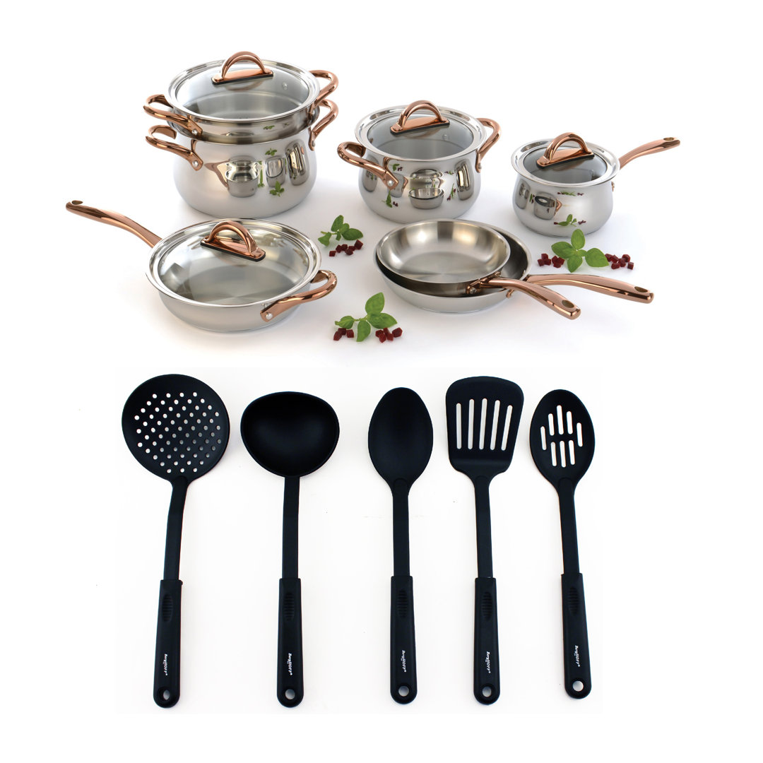 BergHOFF Ouro Gold 16Pc 18/10 Stainless Steel Cookware Set with 5Pc Nylon Tool Set, Glass Lids BergHOFF