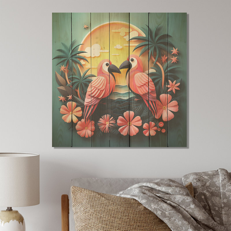 Toucans roses roses - oiseau sur bois, H 15 po x l 15 po