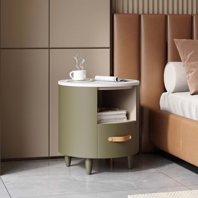 Table de chevet ronde contemporaine avec rangement pour tiroir et tablette ouverte
