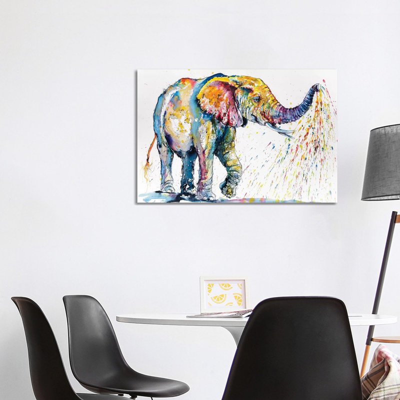«Jouant l'éléphant coloré» par Anna Brigitta Kovacs - peinture sur toile tendue, H 26 po x l 40 po x 1,5 po