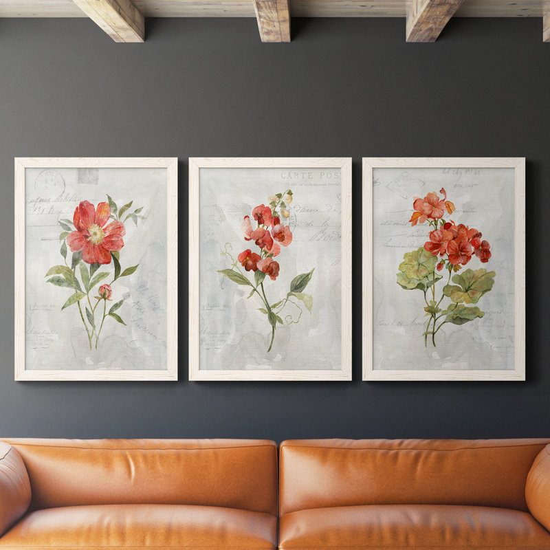 Lin géranium - ensemble de 3 impressions sur toile encadrées, H 20 po x l 51 po x P 1,5 po, Blanc