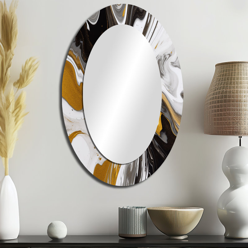 Gold Black Marble Symphony - Abstract Oval Decorative Mirror On Metal, 36" x 24"
